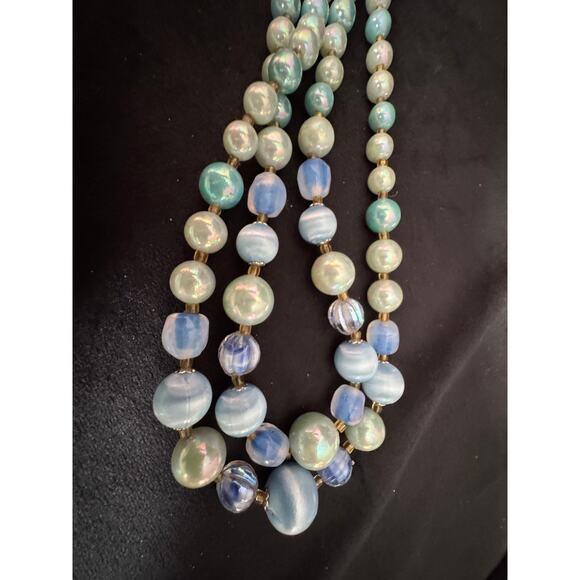 Vintage Blue Aurora Borealis Double Strand Bead Necklace 14–17" Extension - Picture 5 of 5